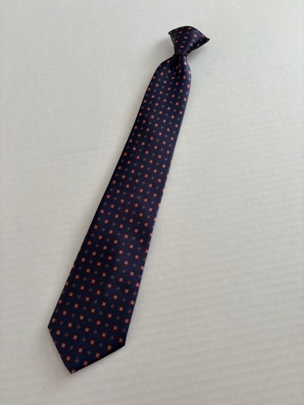 Vintage Ketch Silk Tie – Navy Blue Red Geometric Pattern